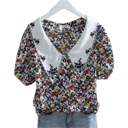 2020 Summer New Womens Shirts Large Size Doll Collar Print Shirts Blouse Retro Embroidery Chiffon Lady Girl Casual Shirt Tops