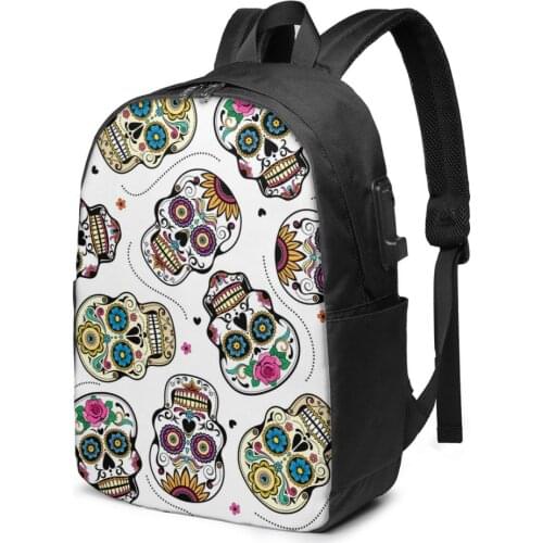 2021 New Laptop USB Backpack Beautiful Sugar Skulls Pattern School Bag Bookbag Men Women Travel Daypack Leisure Backpack