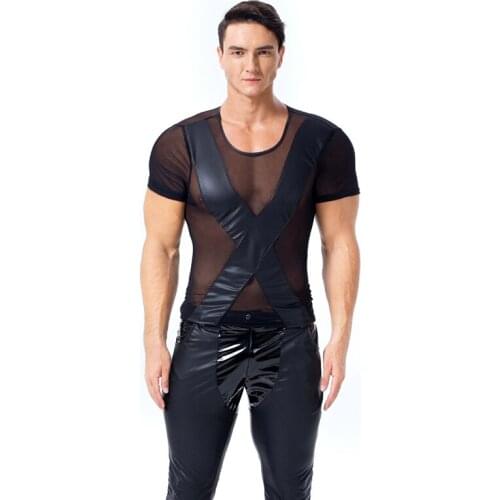 Sexy Men See Through Sheer Mesh Tees Tight Shirts Undershirts Wetlook Leather Patchwork Mens T Shirt Tshirts Gay Fitness Tops