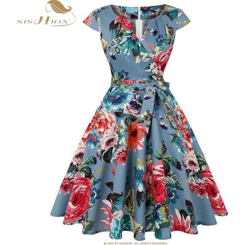 SISHION 2021 Floral Vintage Women Dress QY0298 Elegant V-Neck Short Sleeve Swing A Line Plus Size Retro Rockabilly Dresses