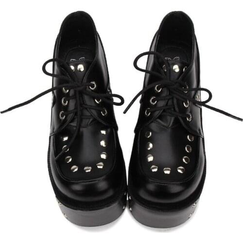 Princess sweet punk shoes Gothic Lolita shoes original head rivet punk tie thick high heeled Muffin Black round head pu8960