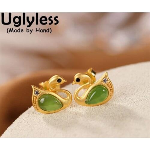 Uglyless Natural Jasper Swans Studs Earrings Women MINI Animals Jewelry 925 Silver Natural Gemstones Earrings Green Jade Brincos