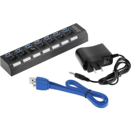High Quality 1pcs 7Ports USB 3.0 Hub with On/Off Switch+EU/US AC Power Adapter for PC Laptop