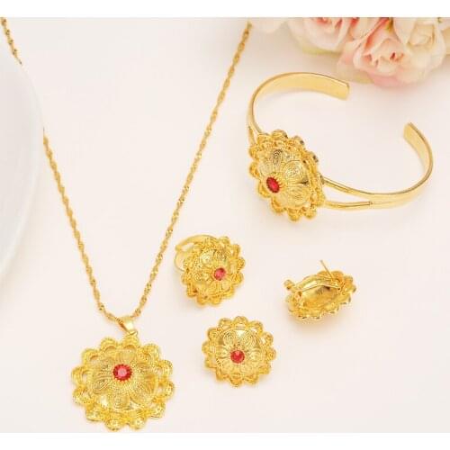 Party Wedding Ethiopian bridal Jewelry sets Gold Fashion rhinestone crystal sets for African Israel Arab Habesha Eritrea Gift