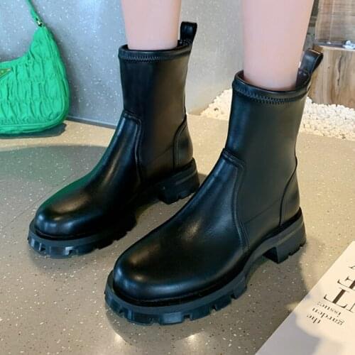 Women Boots 2021 Fashion Autumn Platform Shoes Woman Pu Leather Slip on Chunky Heels Boots Women Warm Casual Winter Shoes Boot