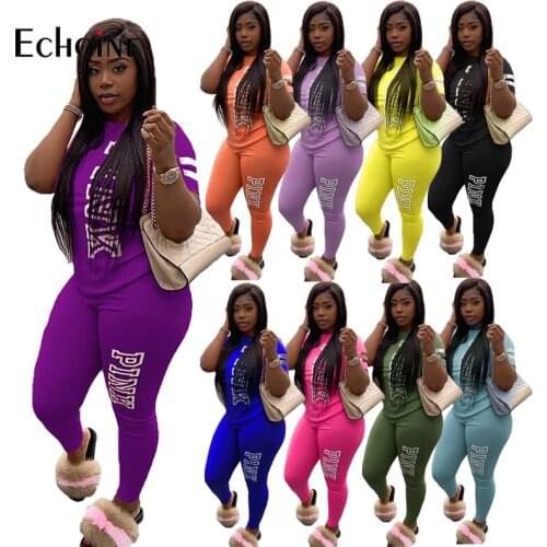 Echoine Women Pink Letter Print Two Piece Set Sweatsuit Sporty Suit Casual Short Sleeve Top and Fitness Legging Outfit Plus Size