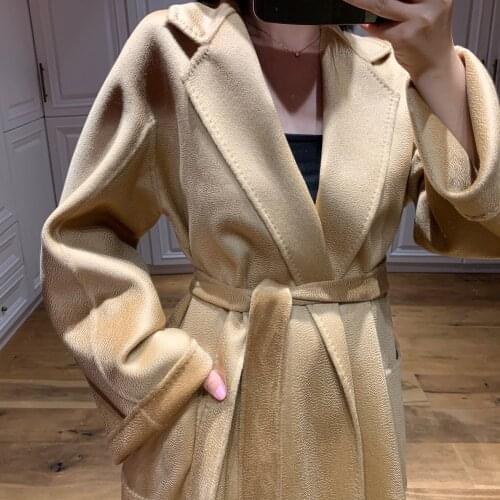 High-end Winter Womens Coat Long Cashmere Water Ripple Coat Autumn Caramel Color Camel Lace Coat Classic Temperament Black Coat