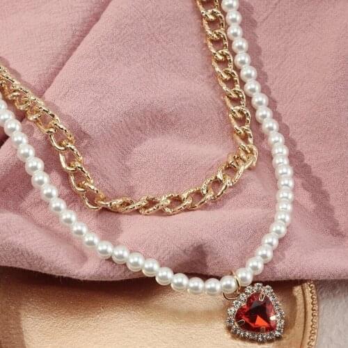 Trend Elegant Jewelry Multi-layer Red Crystal Heart Pendant Pearl Chain Necklace Unquie Women Fashion Necklace Wholesale X057