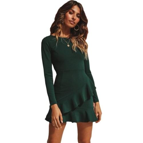 Women Dress O Neck Spring Autumn Green Sheath Long Sleeve Dress Women Sexy Back Zipper Elegant Ladies Mini Dress Vestidos