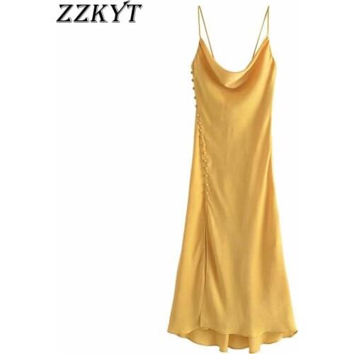 ZZKYT 2021 Women Summer Vintage Solid Split Midi Dress Fashion Sleeveless Backless Tin Straps Female Party Dresses Vestido Mujer