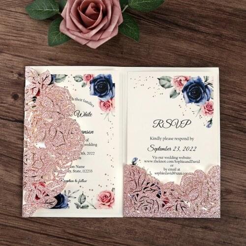 50pcs Rose Gold Glitter Wedding Invitation Customized Printed Cards with Laser Cut Wedding Invitation Pocket