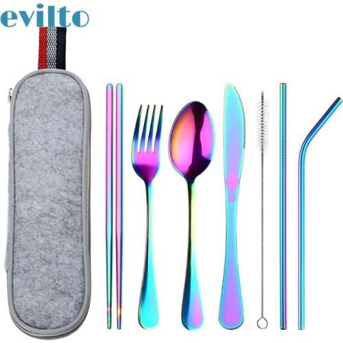 8pcs Tableware Set Reusable Travel Cutlery Camping Dinner Utensils Set with Rainbow Stainless Steel Spoon Fork Chopsticks Bag