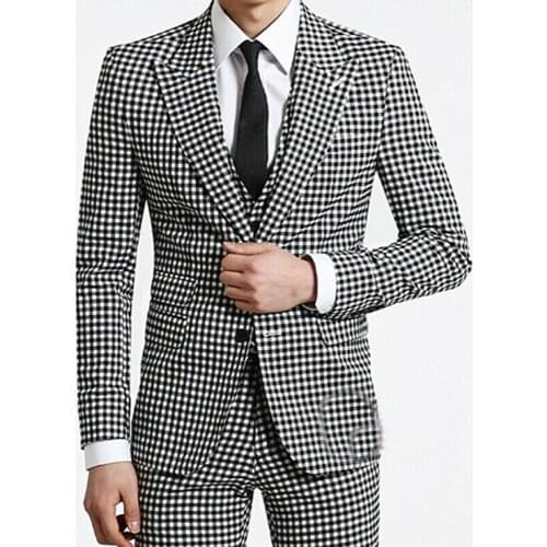 White/Black Plaid Men Suits For Wedding Slim Fit Groom Wear Blazers 3 Pieces Set Jacket+Vest+Pants Custom Made Terno Masculino