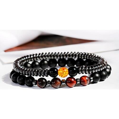 Natural Tiger Eye Stone Beaded Bracelet Set 2Pcs Charm Hematite Bracelet Homme For Women Friend Gift