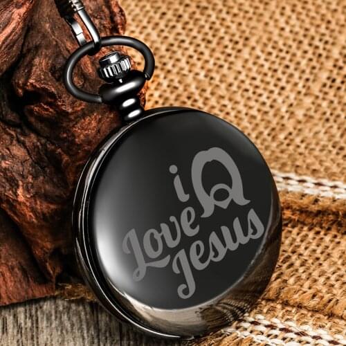 Retro I Love Jesus Black Quartz Pocket Watch Long Life Battery Pocket White Round Dial Watches Unisex Thick Chain Pendant Watch
