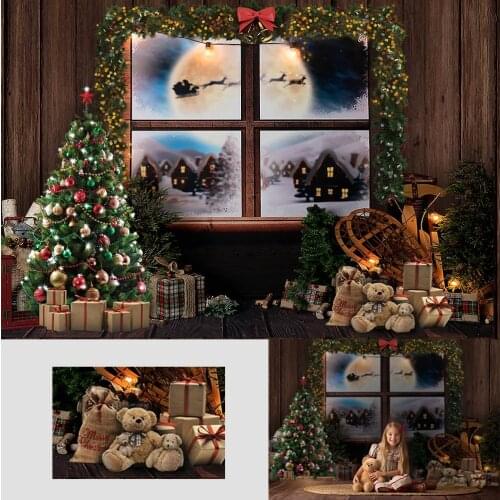 Christmas Moon Photographic Background Christmas Tree Toy Bear Photography Backdrop window Night Family Party Santa Backdrops