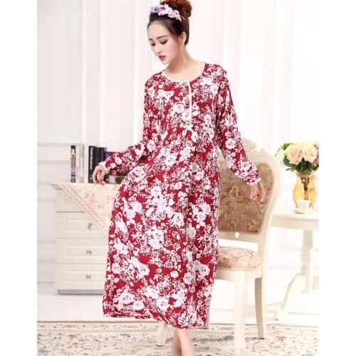 Summer women fashion loose floral print long sleeve casual sleepwear female trendy color lace patchwork breathable nightgown