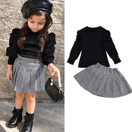 2021 Fashion Kids Girls Clothes Set Baby Girl Long Sleeve Black T-Shirt + Plaid Skirt 2PCS Outfit Children Clothing Set