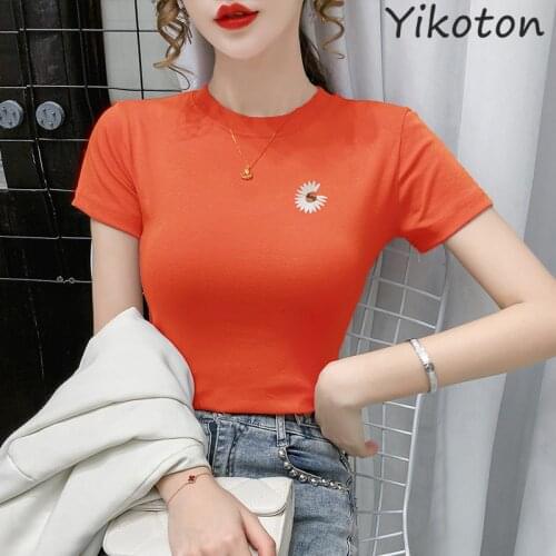 2021 New Summer Short Sleeve Tee Shirt Solid Basic T Shirt Women Casual O-neck Embroidery Ladies Clothing Fashion Female T-shirt