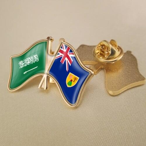 Saudi Arabia and Turks and Caicos Islands Crossed Double Friendship Flags Lapel Pins Brooch Badges