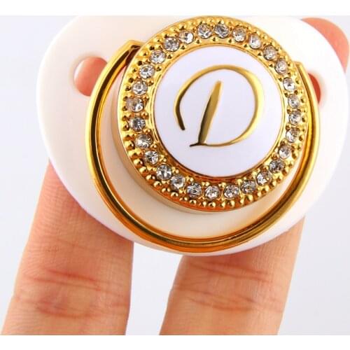 White Baby Pacifier Luxury Initials Letter D Bling Pacifier Rhinestone Twinkling Pacifier Holder Clip BPA free Dummy