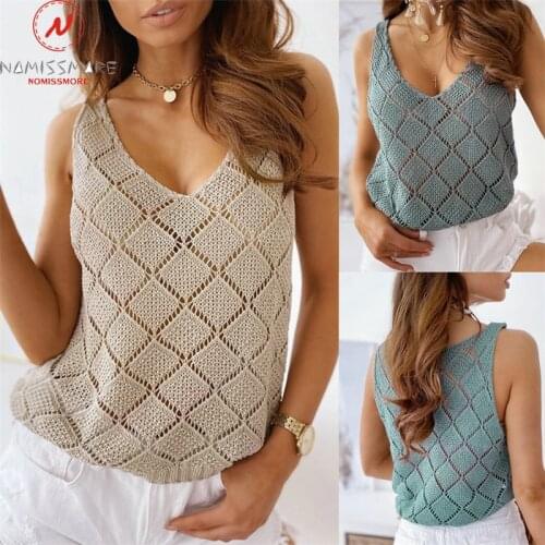 Sexy Women Summer Solid Color Tanks Top Hollow Out Design See Through O-Neck Sleeveless Casual Loose Pullovers Knitted Top