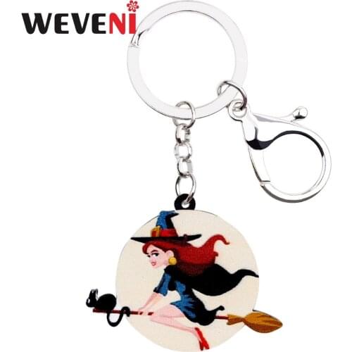 WEVENI Acrylic Halloween Cheap Moon Witch Key Chains Pendant Ring Holder Round Jewelry Bag Car Charms For Women Girls Gift