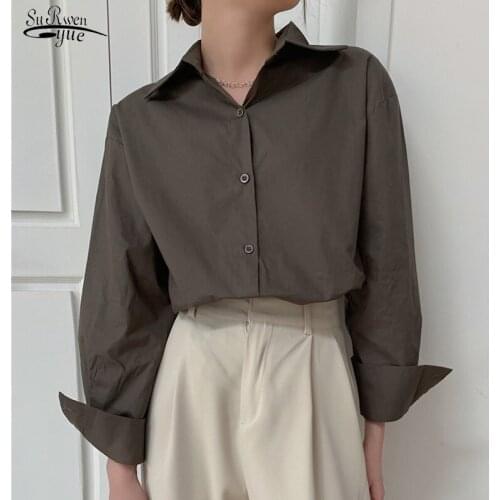 Spring Summer New Retro Gray Long Sleeve Notch Collar All-match Blouse Coat Women Loose Casual Fashion Solid Shirts Ladies 13169