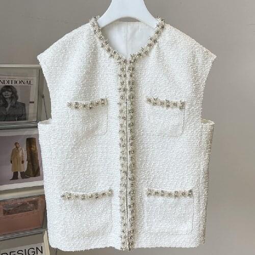 Spring Autumn 2021 New Designer pearls Beading Vest jackets Fashion womens Sleeveless Tweed coat C917
