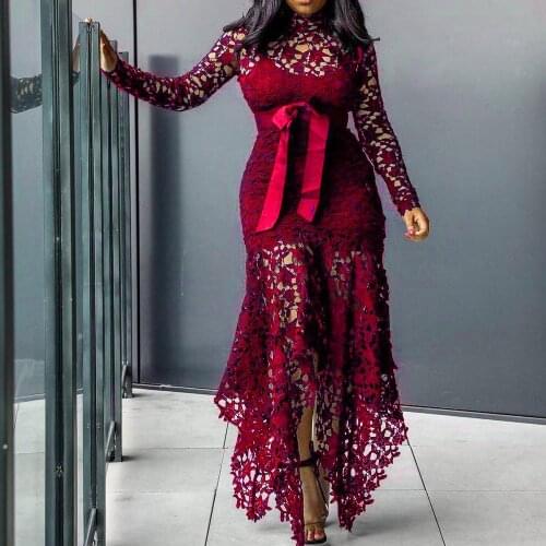 2020 Vintage Party Sexy Black Lace Long Dress Plus Big Size Large 3XL Women Mesh Hollow Bodycon Blue African Ladies Maxi Dress