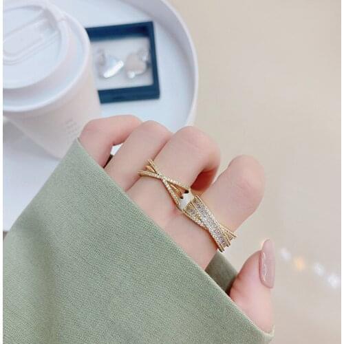 New Design Sense Cross Geometry Shiny Full Diamond Zirconia Open Ring Ladies Wedding Banquet Wear Girlfriend Gift