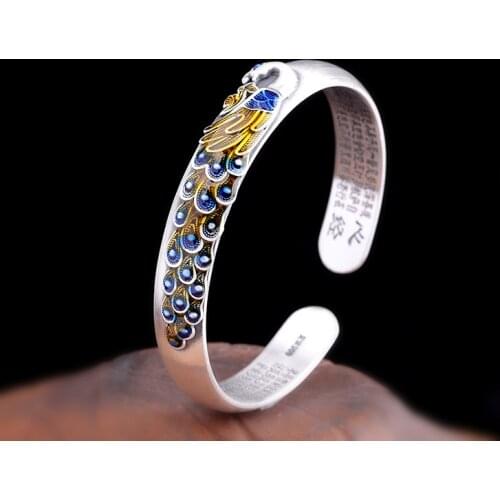 Thai Silver Burning Blue Epoxy Womens Sterling Silver S999 Peacock Opening Scripture Bracelet