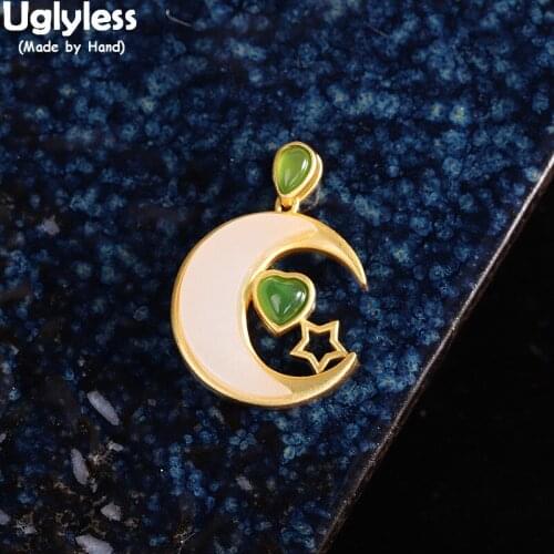 Uglyless Natural Jade Moon Star Heart Pendants Women Real 925 Sterling Silver Moon Star Necklaces NO Chains Sweet Gifts Jewelry