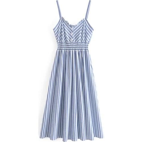Summer 2021 Women Casual Striped Printed Midi Dress V Neck High Waist A Line Dress Female Sleeveless Backless Sundress