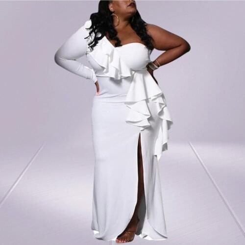 Plus Size 5XL Evening Dresses One Shoulder Long Sleeves Fork Floor Length Ruffle Sexy Slip Hem Maxi Dress Wholesale Dropshipping