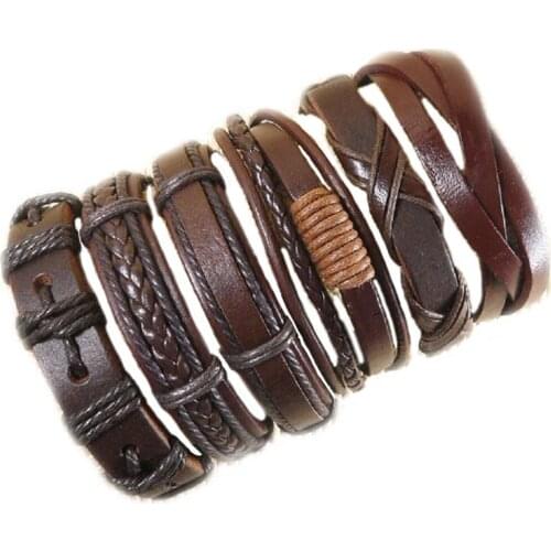 6Pcs/lot Hand-woven Unisex Leather Bracelet Bangle Cuff Braided Ethnic Tribal Surfer Wrap Adjustable Rope Bracelet For Men Women