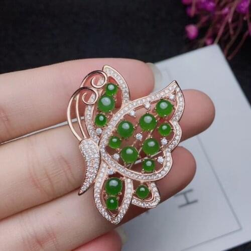 Natural green jasper gem Elegant Luxurious Butterfly brooch Pendant natural gemstone brooch S925 silver women gift fine jewelry