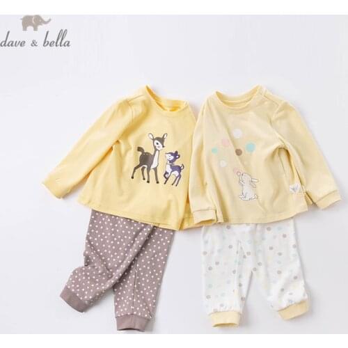 DB16087 dave bella autumn baby girls fashion cartoon dots print pajamas newborn baby underwear casual sleepwear 2 pcs suit