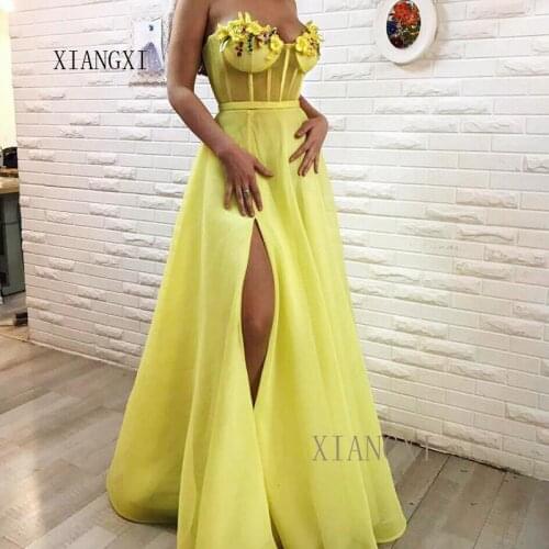 2020 Evening Dresses Long Sweetheart Sleeveless Lace Appliques High Split Floor Length Evening Dress Formal Gowns Vestid