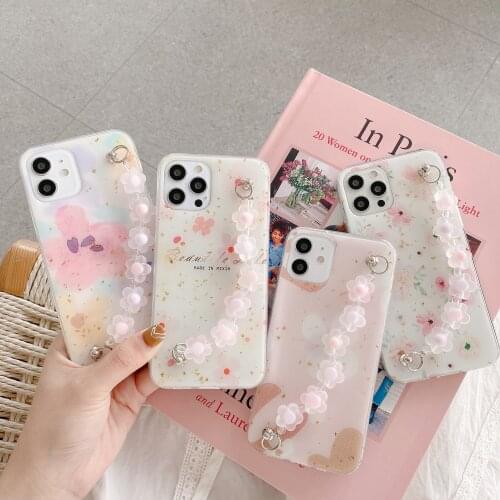 Epoxy Glitter Sequins Wrist Strap Chain Beauty Flower Phone Case for iPhone 12 Mini 11 Pro XS Max Wristband Hand Holder Cover