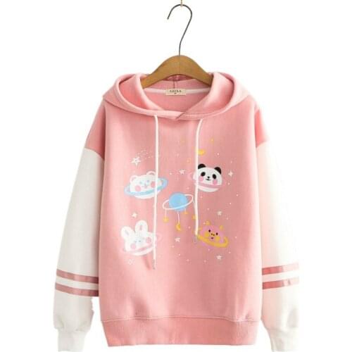 Fleece Hooded Sweatshirts 2020 Winter Women Harakuju Cartoon Printed Hoodies Sweet Style Long Sleeve Warm Tracksuits Female