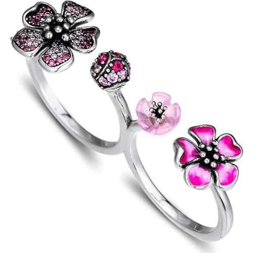 100% 925 Sterling Silver Ring Peach Blossom Flower Rings Fits TWO Finger Ring for Women Wedding Party Rings anillos mujer