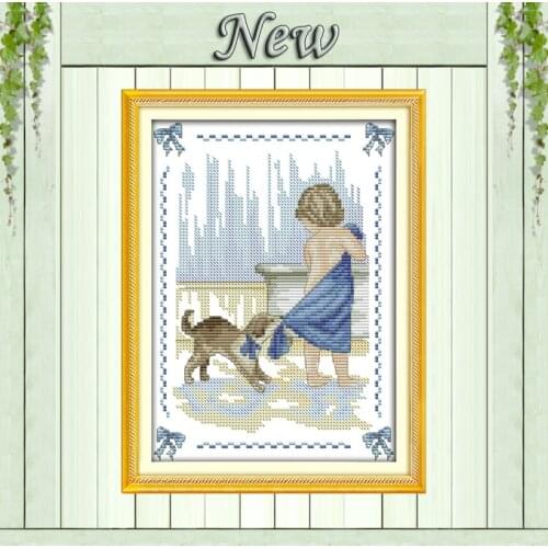 Bathe lovely baby dog decor painting counted printed on canvas DMC 11CT 14CT Chinese Cross Stitch kit embroidery needlework Sets