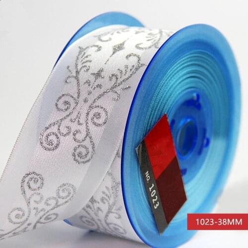 38MM Wire-Edge Ribbon Silver Foil Printing Organza for Birthday Decoration Chirstmas Gift DIY Wrapping 25Yards