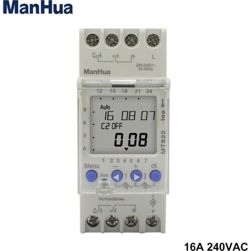 Manhua 250VAC MT822 2 Channels With LCD Display 7 Days Cycle Multi-functional Digital Timer Switch