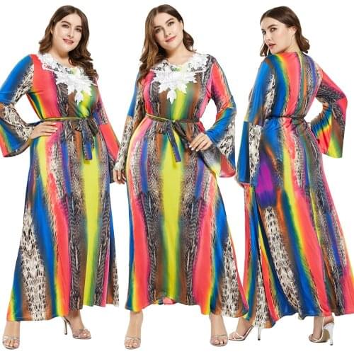 Muslim Women Abaya Ethnic Print Flare Sleeve Long Maxi Dress Fashion Islamic Boho Beach Jilbab Kaftan Robes Party Gown Plus Size