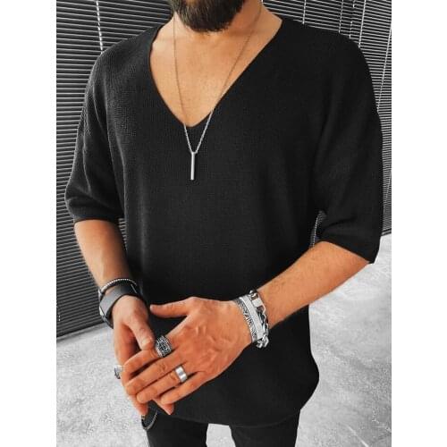 Autumn New Casual Knitted Sweater For Men Half Sleeve V-Neck Solid Jumpers Tops Fashion Slim Fit Sweaters Mens Streetwear