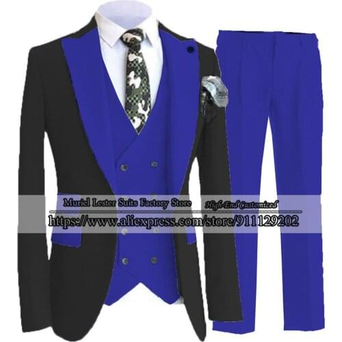Royal Blue Terno Jaquetas Formal Groom Wear Men Suits Tailor-Made Peaked Laple Jacket+Vest+Pants Slim Fit Business Blazer 2021