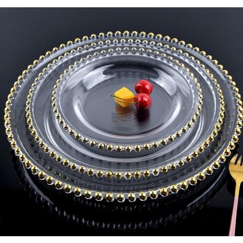Factory Wholesale 8 Inch Gold Silver Rim Clear Beaded Point Glass Dish Charger Plate