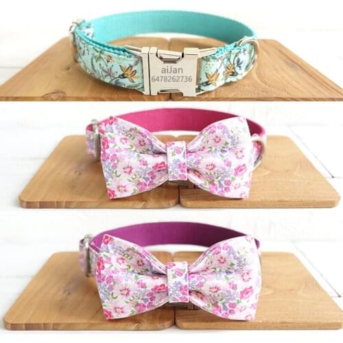 Dog Collar Personalized Customized ID Name Engraved Small Medium Large Dog Puppy Collars Floral Pattern Pet Collar with Bow tie